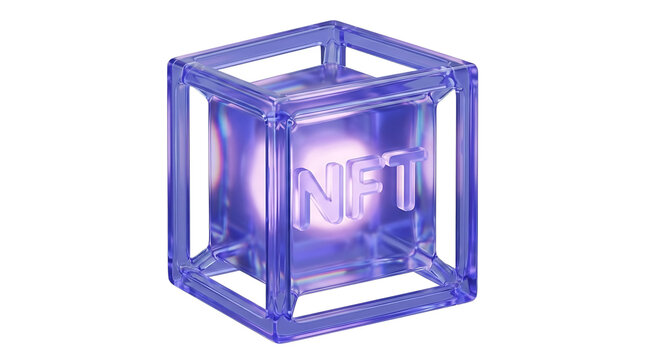 Glowing purple nft cube on transparent background with holographic effect
