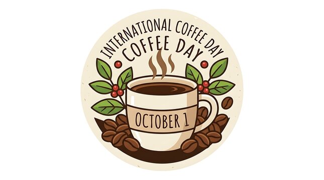 International Coffee Day vector illustration with coffee cup beans and leaves on white background