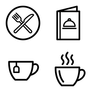 Minimalist food and drink line icon set with fork knife cloche tea and coffee cup badges