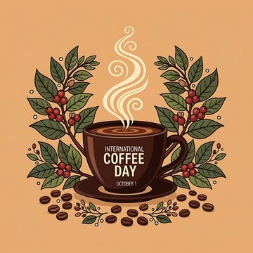 International Coffee Day illustration with coffee beans cup and leaves on a beige background