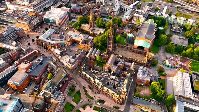 Aerial view of Coventry, a city in central England known for the medieval Coventry Cathedral and statue of lady Godiva