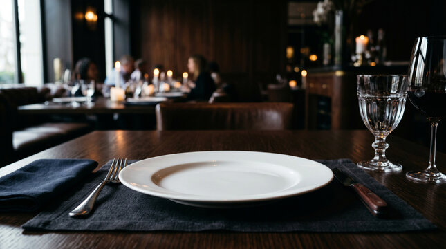 An empty white dinner plate set on a dark placemat with a fork knife and wine glasses on a wooden table in a dimly lit restaurant with blurred patrons in the background creating an intimate dining
