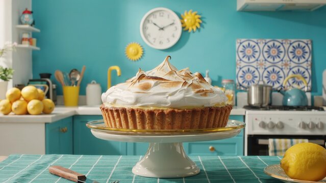 Lemon meringue pie with a toasted meringue topping on a white cake stand in a colorful teal kitchen