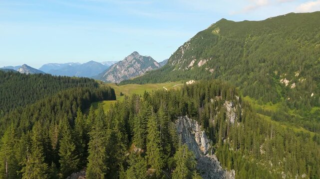 Aerial view of Postalm plateau with Rinnkogel mountain in Dachstein Alps, Austria