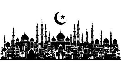 Panoramic Black Mosque Skyline Silhouette with Crescent Moon Vector Illustration © MSTROMICCHA