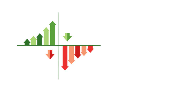 A visual representation of business trends showing both growth and decline with upward and downward arrows and bars.