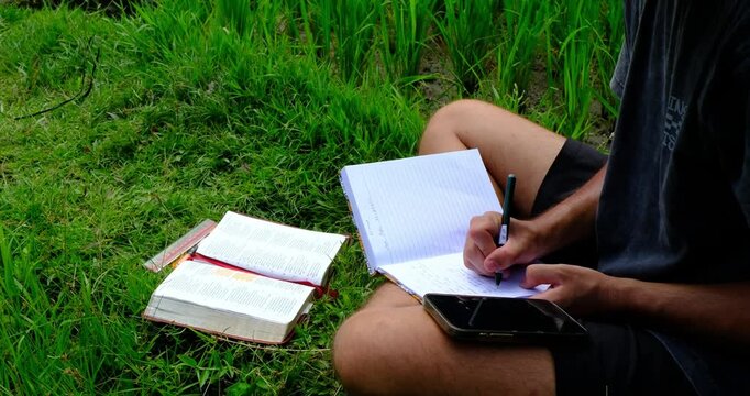Christian Bible Study in Lush Rice Fields of Bali, Indonesia