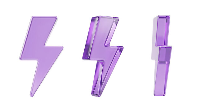 Three 3d purple lightning bolt icons in different styles isolated on transparent background