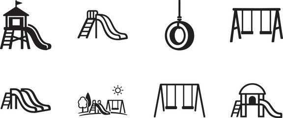 Obraz premium Outdoor playground slide icon set with filled and outline styles for parks, schools and play areas.