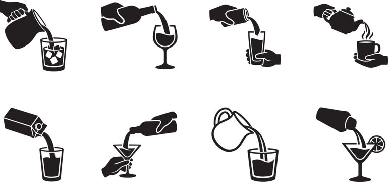 Pouring drinks into glasses silhouette icon set with simple black vector illustrations for beverage service.