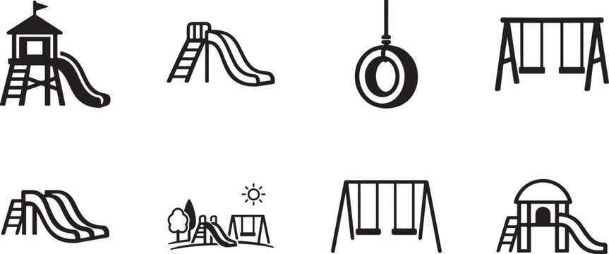 Outdoor playground slide icon set with filled and outline styles for parks, schools and play areas.