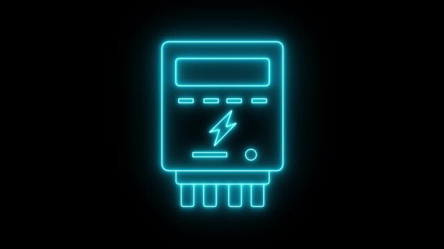 glowing neon electric meter icon isolated on black background. Modern electric meter design for digital interface. Energy consumption monitoring for electricity bill, smart home app, or website. 