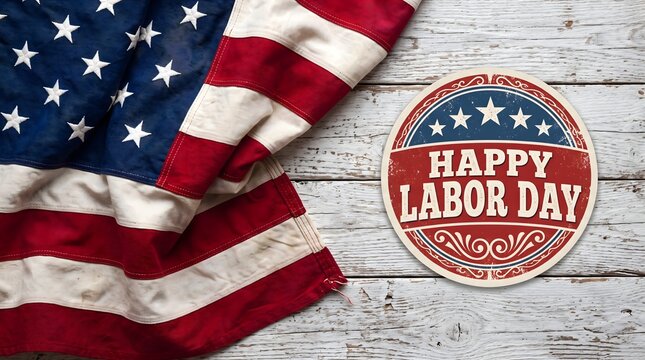 Happy labor day celebration with american flag and patriotic sign