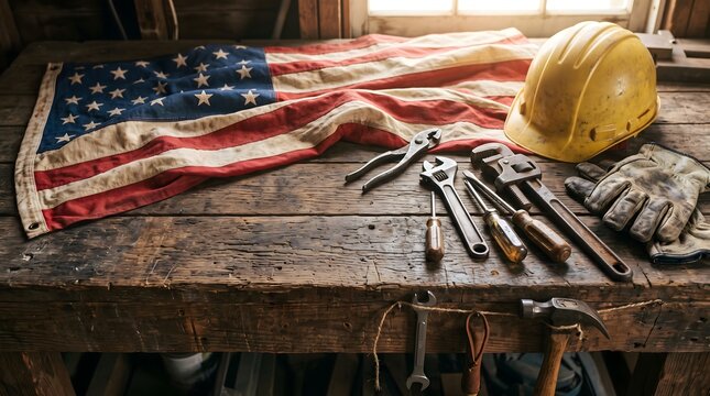 Labor day tribute american flag hard hat and tools on a workbench