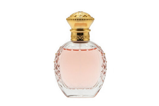 Elegant glass perfume bottle with gold cap on a transparent background file.