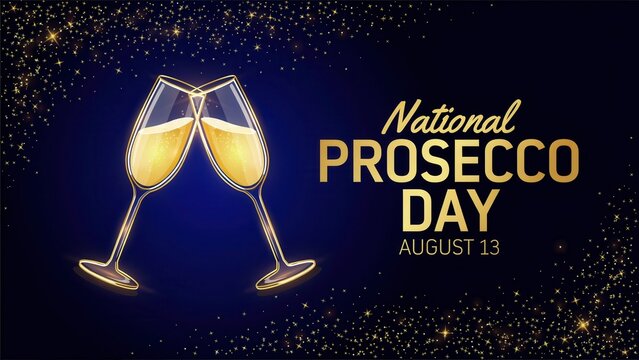 National Prosecco Day banner with clinking glasses and golden sparkles on dark blue background