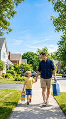 Obraz premium Happy father and young son walking home on a sunny day carrying colorful shopping bags in a suburban neighborhood