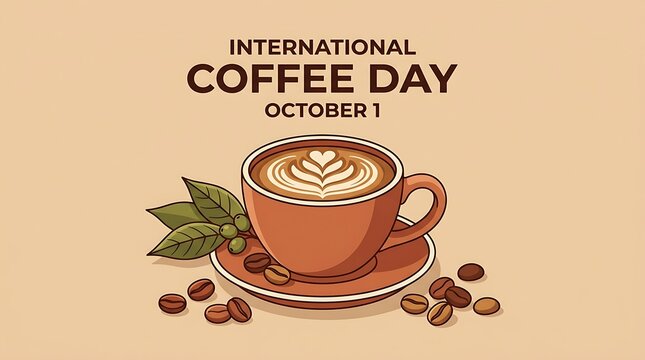 International Coffee Day illustration with latte art and coffee beans on a beige background