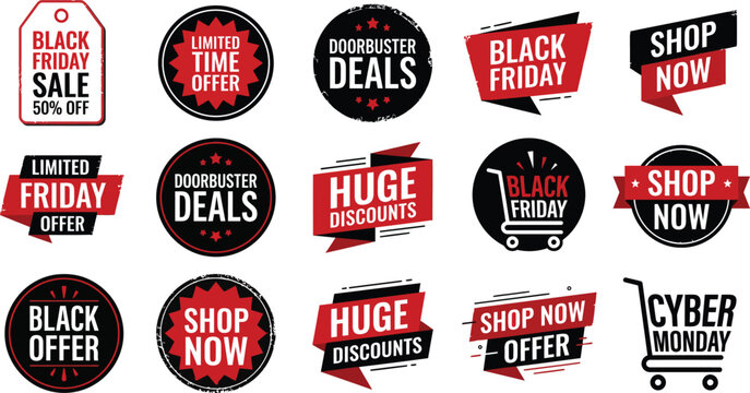 Black Friday sale and shop now badge stickers collection set in modern flat style