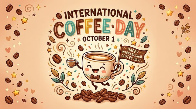 International Coffee Day illustration with coffee beans cup and festive decorations