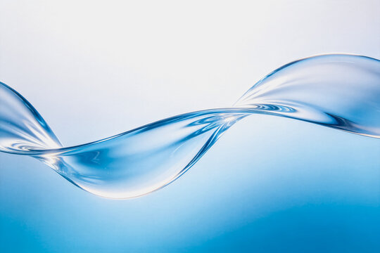 A twisted, flowing transparent liquid form in soft blue gradient, capturing gentle dynamic motion and smooth curves.