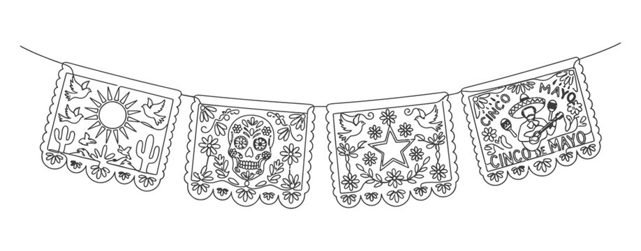 Continuous line art of papel picado banners, minimalist, single unbroken line, white background, clean black lines, Cinco de Mayo theme.