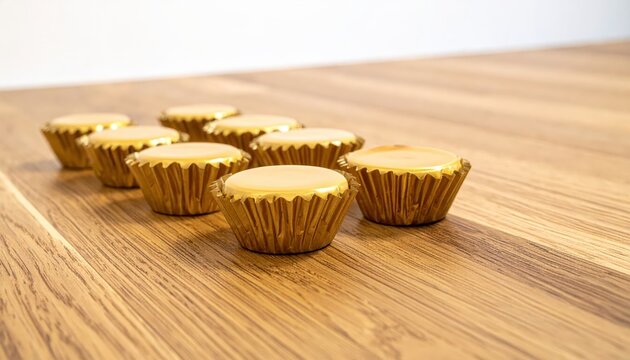 Golden Caramels in Foil Wrappers on Polished Oak Surface