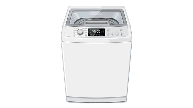 A white top-loading washing machine with a digital control panel and a clear lid, showcasing its modern design and functionality.