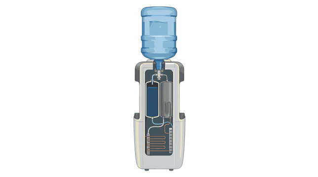 A detailed internal cross-section of a white top-loading water cooler dispenser is displayed, revealing its essential chilling and heating components alongside a blue water bottle.