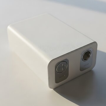 Sleek White Portable Power Bank with Dual Ports on a Bright, Shadowed Surface.