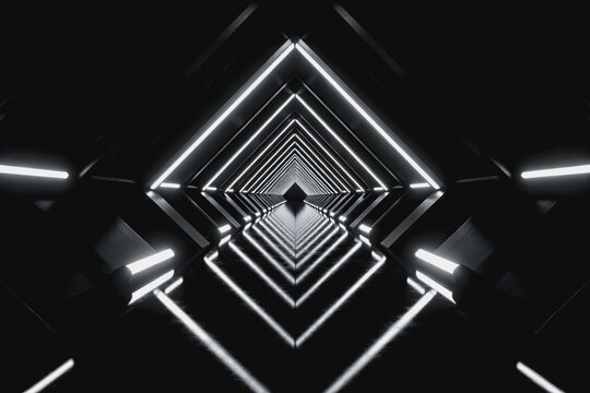 A monochrome abstract tunnel with symmetrical recursive diamond neon frames creating a sense of endless perspective.