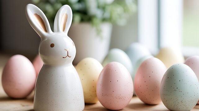 Soft minimalist easter themed photography with a ceramic bunny and speckled pastel eggs