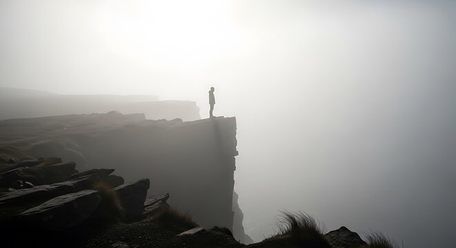 Solitary Figure on Cliff Edge in Dense Fog, Atmospheric and Mysterious.