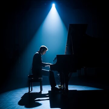 Solitary Pianist Illuminated by Dramatic Blue Spotlight on Stage.