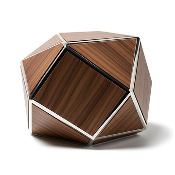 Sophisticated Wooden Polyhedral Puzzle with Polished Silver Edges on White.