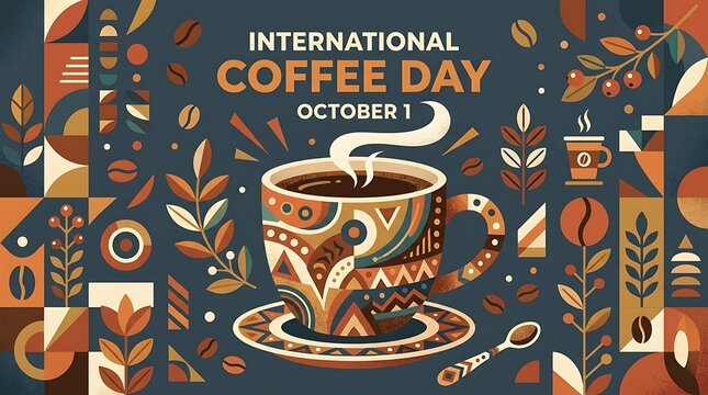 International Coffee Day celebration with coffee beans cup and decorative vector illustration