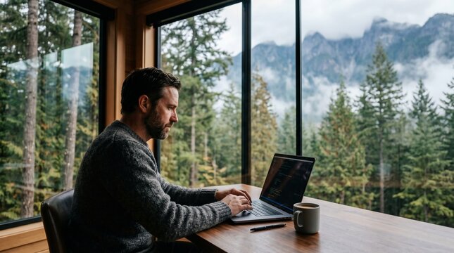 Man Working Remotely on Laptop in a Modern Cabin with Forest and Mountain Views.