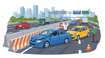 Fototapeta premium Car Accident on Highway, Injured Drivers, City Background, Traffic Jam
