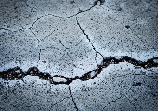 Closeup of cracked and damaged concrete surface with deep fissures and fractures