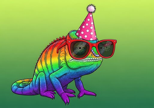 Colorful chameleon wearing sunglasses and party hat on green background