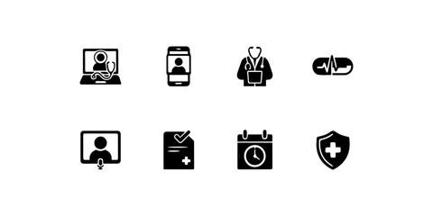 Fototapeta premium Telemedicine online doctor consultation icons Black silhouette icon white background.