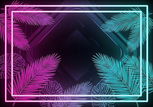 Neon lit tropical leaves and square frame on dark background with gradient colors