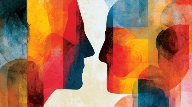 Two faces facing each other in a colorful, abstract, geometric pattern with a neutral background.