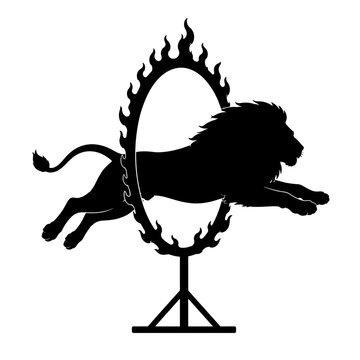 Lion jumping through burning hoop silhouette in black on white background, concept of courage and spectacle 