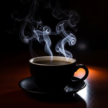 Steaming Black Coffee in Dark Cup with Wisps of Smoke Against Black Background.