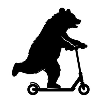 Bear riding scooter silhouette in black on white background, concept of playfulness and whimsy 