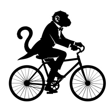 Monkey in costume riding bicycle silhouette in black on white background, concept of whimsy and playfulness 