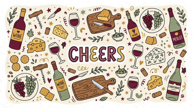 Cheers wine and cheese doodle banner with bottles, glasses, grapes, board, crackers and corkscrew on cream textured background