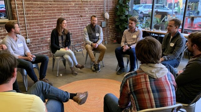 A group of eight people sitting in a circle, engaged in a discussion or meeting, with a brick wall and a table in the background.