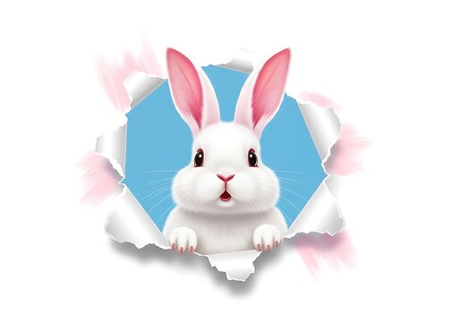 White rabbit with pink ears peeking through torn paper background